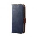 ELECOM PM-A22APLFYNV iPhone 14/iPhone 13用レザーケース/手帳型/耐衝撃/磁石付き/ステッチ/ネイビー