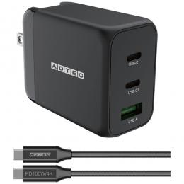 ADTEC APD-V065AC2-wC-BK Power Delivery対応 GaN AC充電器/65W/USB Type-A 1ポート/Type-C 2ポート/ブラック & Type-C to Cケーブルセット