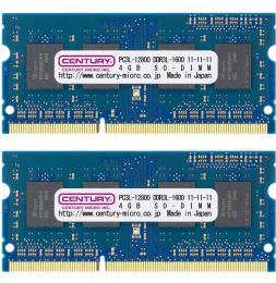 センチュリーマイクロ CK4GX2-SOD3LU1600 ノート用 PC3L-12800/DDR3L-1600 8GB kit(4GBx2) 204pin SODIMM 1.5/1.35V共用 日本製