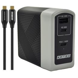 ADTEC APD-A140AC2-wC24-BK Power Delivery 3.1対応 GaN AC充電器/140W/USB Type-C 2ポート Type-A 1ポート/ブラック & Type-C to Cケーブルセット