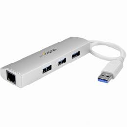 StarTech.com ST3300G3UA 3ポートポータブルUSB3.0ハブ(ギガビットイーサネット対応LANアダプタ内蔵)シルバー&ホワイトアルミケース